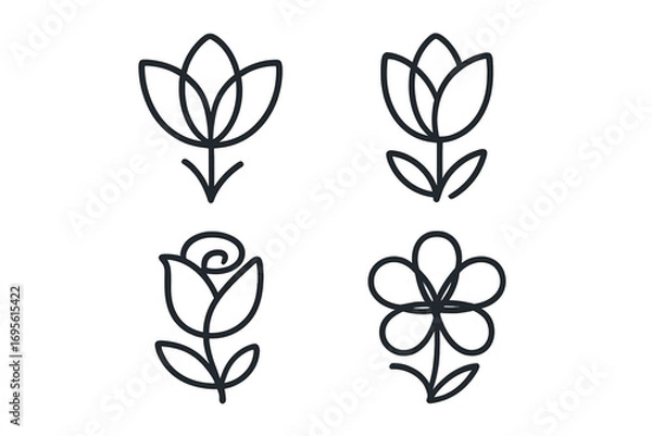 Fototapeta Set of four flower line icons. Minimalist floral collection. Rose, tulip symbols for logo design. Modern nature plant outline vector illustration. Simple bloom blossom graphics.