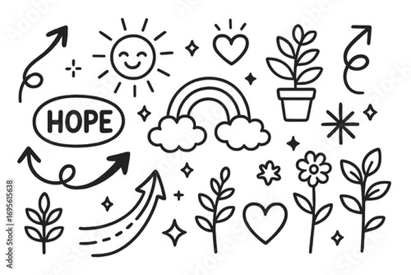 Fototapeta Hope and positivity doodle set. Vector line art collection with inspirational elements like rainbow, sun, arrows, and plants. Motivational cartoon illustration for mental health.