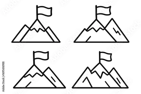 Obraz Mountain with flag icon set. Concept of success, goal achievement, and victory. Leadership and mission accomplished. Reaching the peak or summit. Business objective.