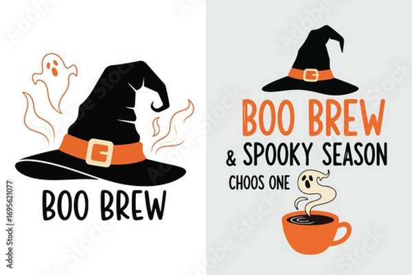 Fototapeta Charming Halloween Designs Featuring Witch Hats, Ghosts, and Playful Text for Festive Celebration