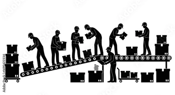 Fototapeta Workers on a conveyor belt assembling boxes in a factory.