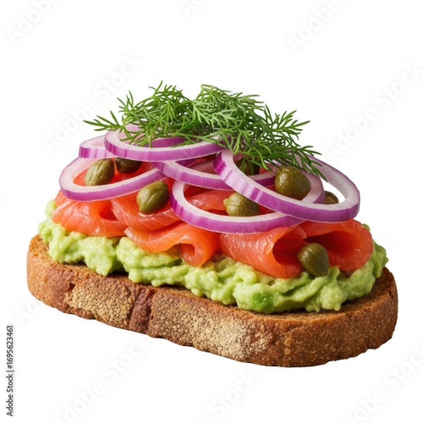 Obraz Single, perfectly arranged slice of gourmet avocado toast with smoked salmon, capers, red onion, and dill, isolated on transparent, high-end food photography concept.