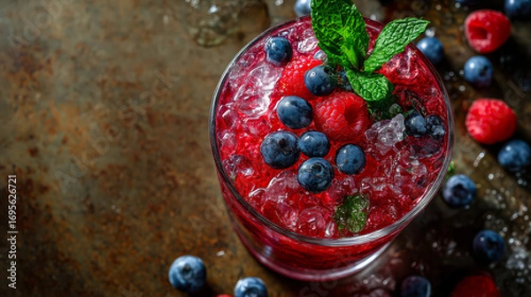 Fototapeta Bright berry cocktail with mint; cocktail packed with crushed ice, blueberry and raspberry sparkle in glass; cocktail viewed from above on rustic surface, cool summer mood, garden party concept