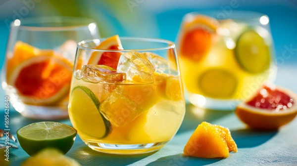 Fototapeta Bright citrus mocktail with lime; mocktail filled with ice cubes and mango chunks, lime and grapefruit slices swirl in short glass; mocktail glows on blue table with sunny bokeh, relaxed summer vibe
