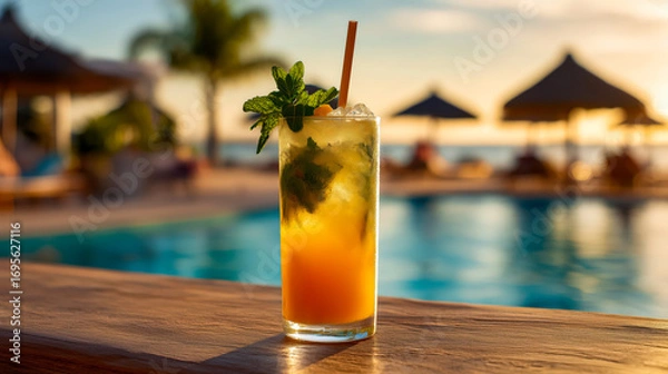 Fototapeta Tall glass of mango mojito cocktail with mint leaves, ice cubes and straw stands on poolside bar in tropical resort with beach view at sunset, cocktail glows in golden tones, exotic summer drink theme