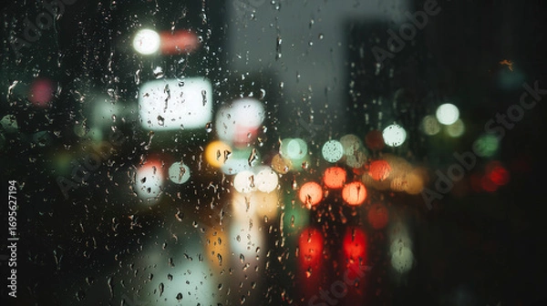 Fototapeta Rainy window with city lights bokeh glowing softly in blurred night background; raindrops streak down glass while colorful lights create moody urban atmosphere and emotional evening concept