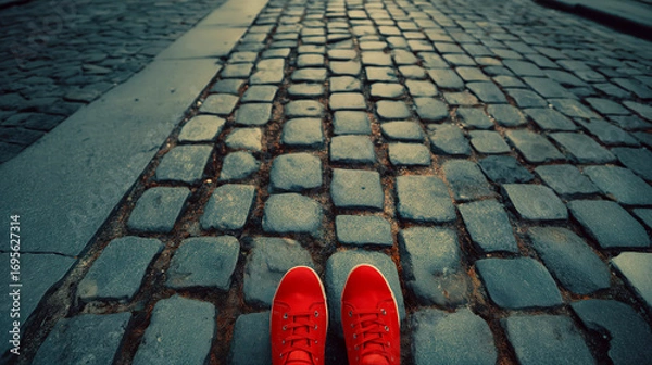 Fototapeta Red sneakers on old cobblestone road viewed from above; sneakers with simple design contrast textured stones while street perspective adds depth and casual urban lifestyle concept