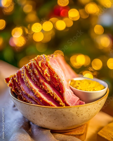 Fototapeta Slices of roasted ham arranged in a bowl with mustard on side, ham with golden crust looks juicy and festive as ham is served in warm atmosphere, holiday food and cozy dining theme