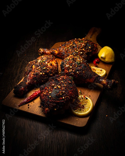Fototapeta Grilled chicken drumsticks coated in spicy rub with charred crust, served on wooden board with lemon slices and red chili, crispy surface and smoky flavor captured in moody food setting