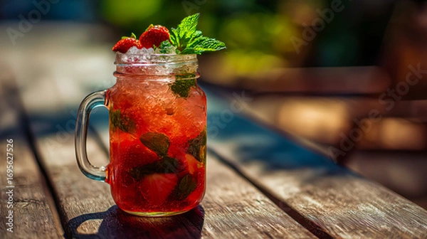 Fototapeta Fresh strawberry mojito with mint leaves and crushed ice in mason jar glass, strawberry mojito glowing red under sunlight on wooden table, tropical cocktail summer refreshment mood