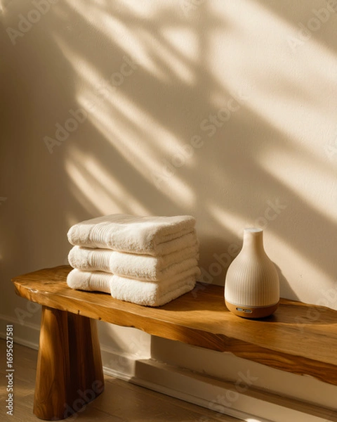 Fototapeta Morning light across spa bench, folded towels sit beside diffuser, soft shadows on wall, towels stacked neatly on warm wood, towels suggest cozy wellness, minimalist decor vibe, calm home bath theme