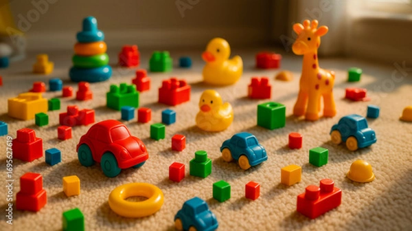 Fototapeta Plastic toy cars and yellow ducks scattered on soft carpet with colorful blocks and stacking rings; cars dominate bright playtime setup filled with cheerful toddler toys
