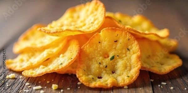 Fototapeta Crispy, golden-brown parmesan cheese crisps, baked to perfection Ideal for salads, pasta, or enjoyed as a delicious snack Flaky texture, intense flavor , salad, recipe, dairy