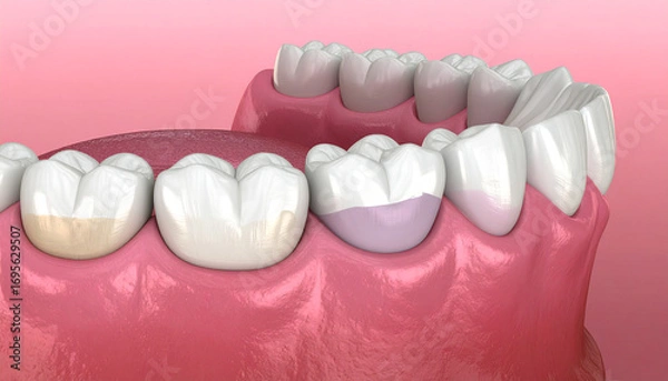 Fototapeta Dental crowns showing different stages of application and tooth coloration teeth gums
