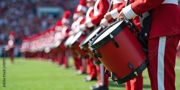 Fototapeta Marching band drummers in uniform performing on football field during halftime show, teamwork and musical precision outdoors