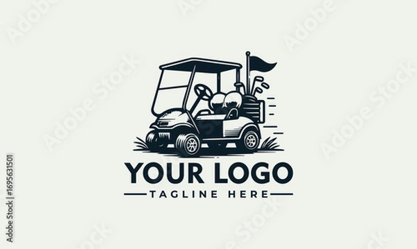 Fototapeta A golf cart with clubs and a flag is depicted in a monochrome illustration on a light background.