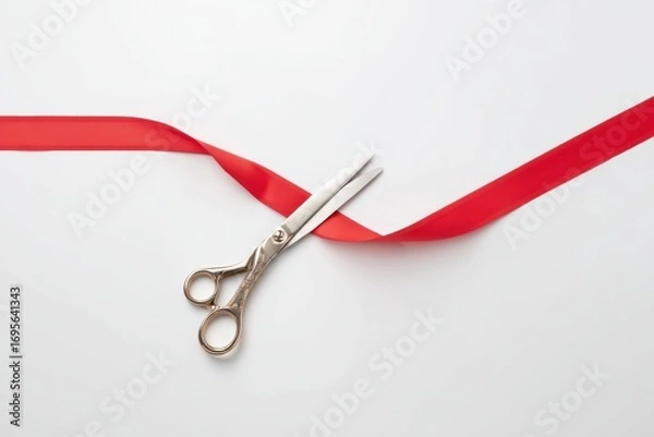 Obraz Modern Premium Ribbon Cutting with Ergonomic Scissors on Minimalist Backdrop for Business Launch and Corporate Branding Campaigns
