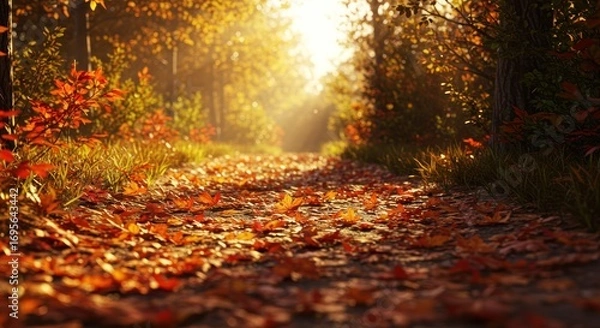 Fototapeta An autumn path is covered in fallen leaves dappled in sunlight filtering through the trees