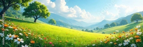 Fototapeta Feel the refreshing breeze on your skin as a cool wind blows through a vibrant landscape Perfect for illustrating concepts of relaxation, nature, and serenity , relaxation, trees, light