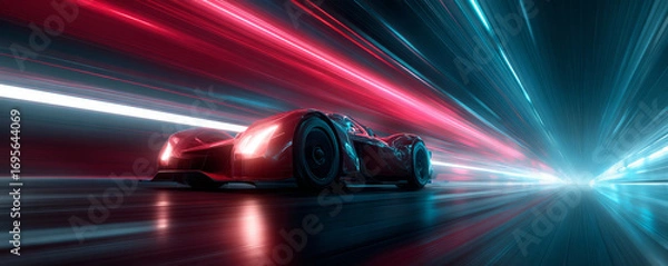 Fototapeta Futuristic race car red sports car neon light speed motion blur night glowing road aerodynamic excitement technology