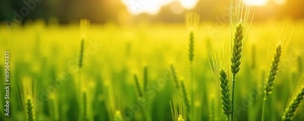 Fototapeta Golden wheat stalks sway gently in a field of vibrant green grass, bathed in warm sunlight A picturesque summer scene of agricultural abundance , produce, stalks