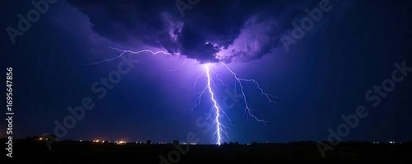 Fototapeta Dramatic image of a bolt of lightning striking during a powerful thunderstorm, illuminating the dark night sky The raw power of nature is captured in this electrifying scene , clouds, lightning