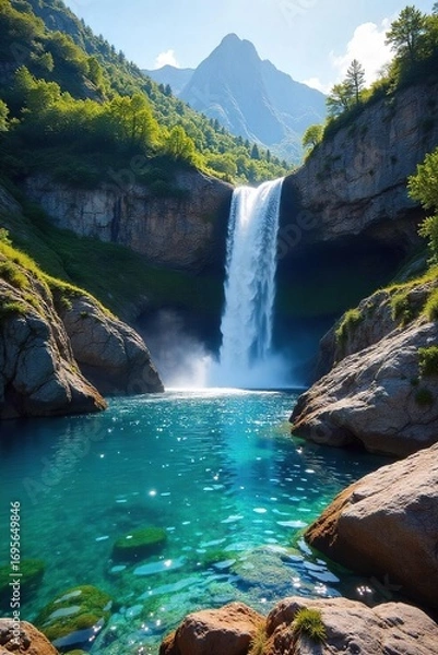 Fototapeta Crystal clear water cascading down a rocky mountain peak, sunlight illuminating its pristine surface A breathtaking view of nature's purest water source , rocky, water