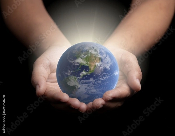 Fototapeta Hands Holding Glowing Earth with Light Rays