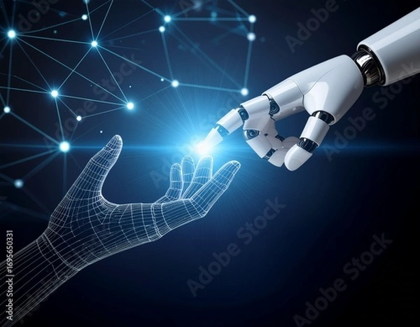 Fototapeta Human Hand Touching Robotic Hand with Digital Glow