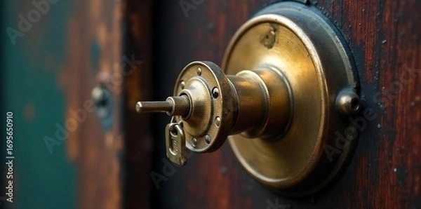 Fototapeta Close-up shot of a gleaming brass key inserted into a sturdy, antique-style door lock, emphasizing the intricate details and security of the mechanism , keyhole, bolt, dwelling