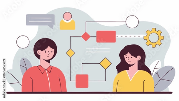 Fototapeta Flat design illustration depicting two individuals collaborating on a project, brainstorming ideas. The image showcases teamwork and planning processes through simple geometric shapes and icons.