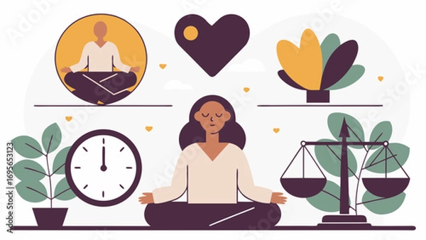 Fototapeta A serene illustration depicting a woman meditating, surrounded by symbols of balance, wellness, and inner peace.  Simple, flat design.