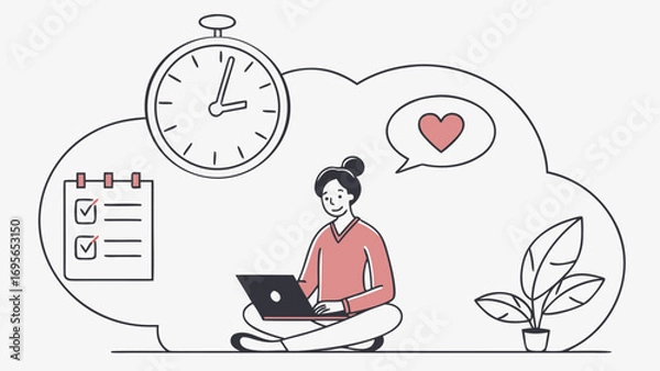 Fototapeta Simple line art illustration of a woman working on her laptop, surrounded by a checklist, timer, and heart.  Illustrates productivity and time management.