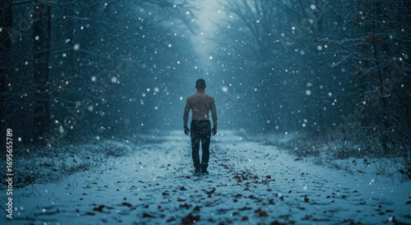 Fototapeta A man strolls leisurely through a fabulous natural landscape illuminated by moonlight.