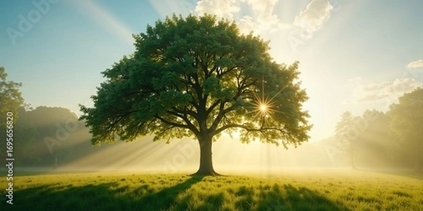 Fototapeta Growth, resilience, and hope symbolized by a majestic tree illuminated by sunrise in a tranquil morning meadow landscape