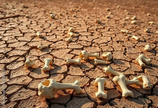 Obraz Sun-bleached bones scattered across cracked desert floor,   vertebrae,  history