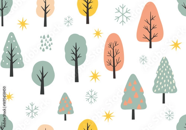 Fototapeta Charming hand drawn winter forest scene with stylized trees snowflakes and stars perfect for seasonal decor