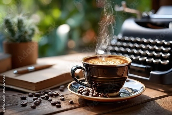 Fototapeta Steaming Coffee Cup, Typewriter, and Notebook on Wooden Table