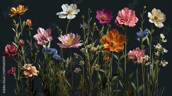 Fototapeta Elegant Floral Arrangement of Cosmos Flowers on Dark Background, a Symphony of Colors and Shapes