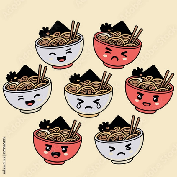 Fototapeta Cute Ramen Bowls with Different Expressions Vector Set