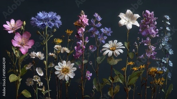 Fototapeta Elegant floral arrangement of wildflowers, creating a visually striking symphony with a dark and moody background.
