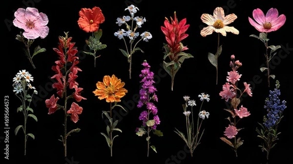 Fototapeta Assorted Colorful Flowers Against a Black Background Showcase a Vibrant Floral Display