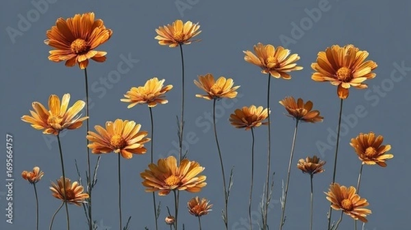Fototapeta Elegant display of orange wildflowers against a solid blue background in a captivating floral arrangement.