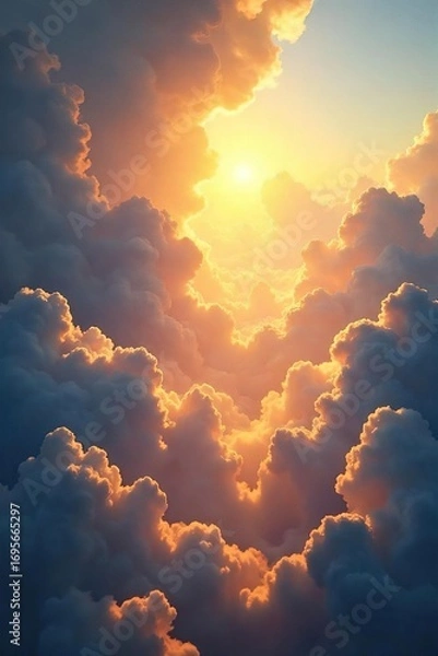 Fototapeta Golden light streams through ethereal clouds, illuminating a majestic, heavenly landscape A scene of pure, divine beauty and power , spiritual light, pure, holy landscape