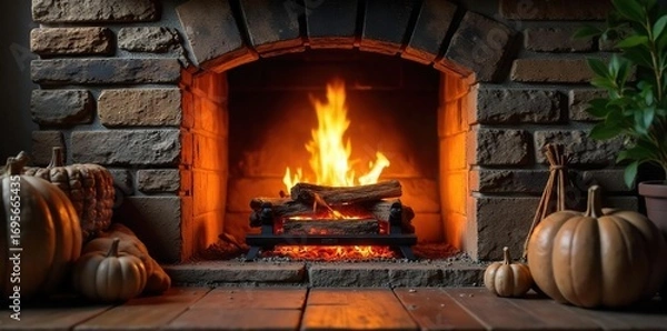 Fototapeta Cozy fireplace scene with glowing embers, rustic stone surround, and warm, inviting light Perfect for autumn or winter themes, home decor, and relaxation imagery , fireplace, comfort, serene