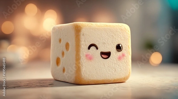 Fototapeta Adorable Cheese Cube Character with a Cheerful Winking Expression in a Soft-Lit Ambience