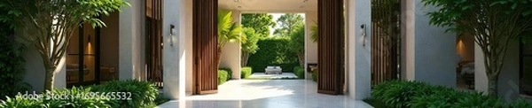 Fototapeta Elegant modern gates leading to a serene interior courtyard, lush greenery visible beyond Perfect for architectural, design, and real estate marketing , relaxing, calm