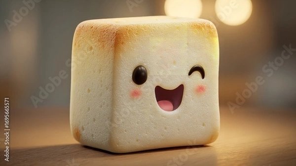 Fototapeta Adorable Smiling Marshmallow Character with Wink Eye on Wooden Surface for Commercial Use