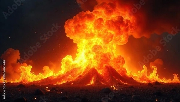 Fototapeta Fiery explosion, intense burst of flames engulfing dark background Dramatic, vibrant orange and yellow hues Perfect for fire, energy, power, and destruction themes , yellow, explosion, energy