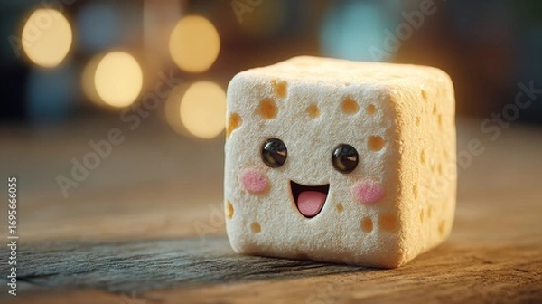 Fototapeta Delightful Smiling Cheese Cube Character Sitting Comfortably on a Wooden Surface in a Soft Light